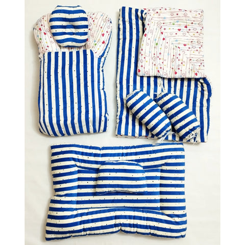 SB - 7 Pieces Plush Bedding Set - Blue Lining & Hearts