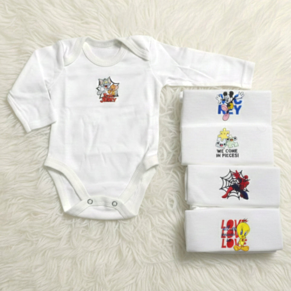 Pack of 5 Body Suits - White Cartoon